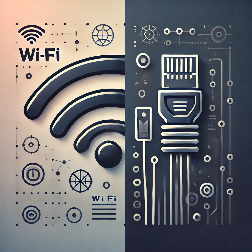 DALL·E 2024-10-05 13.28.03 - An image showing both Wi-Fi and wired connections with a medium level of simplicity. A Wi-Fi signal icon on one side with clear, curved lines. On the